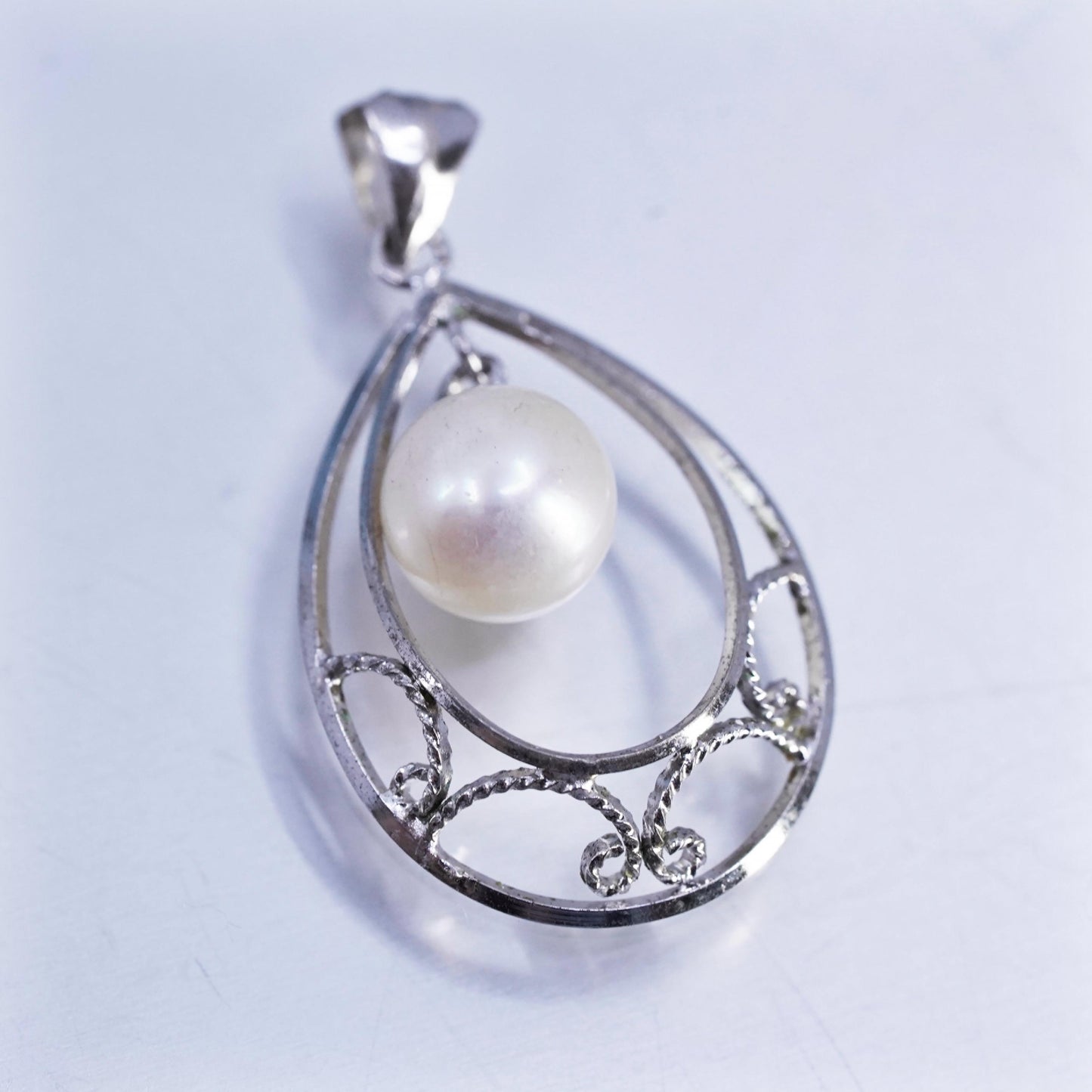 Vintage sterling 925 silver handmade filigree teardrop charm pendant with pearl