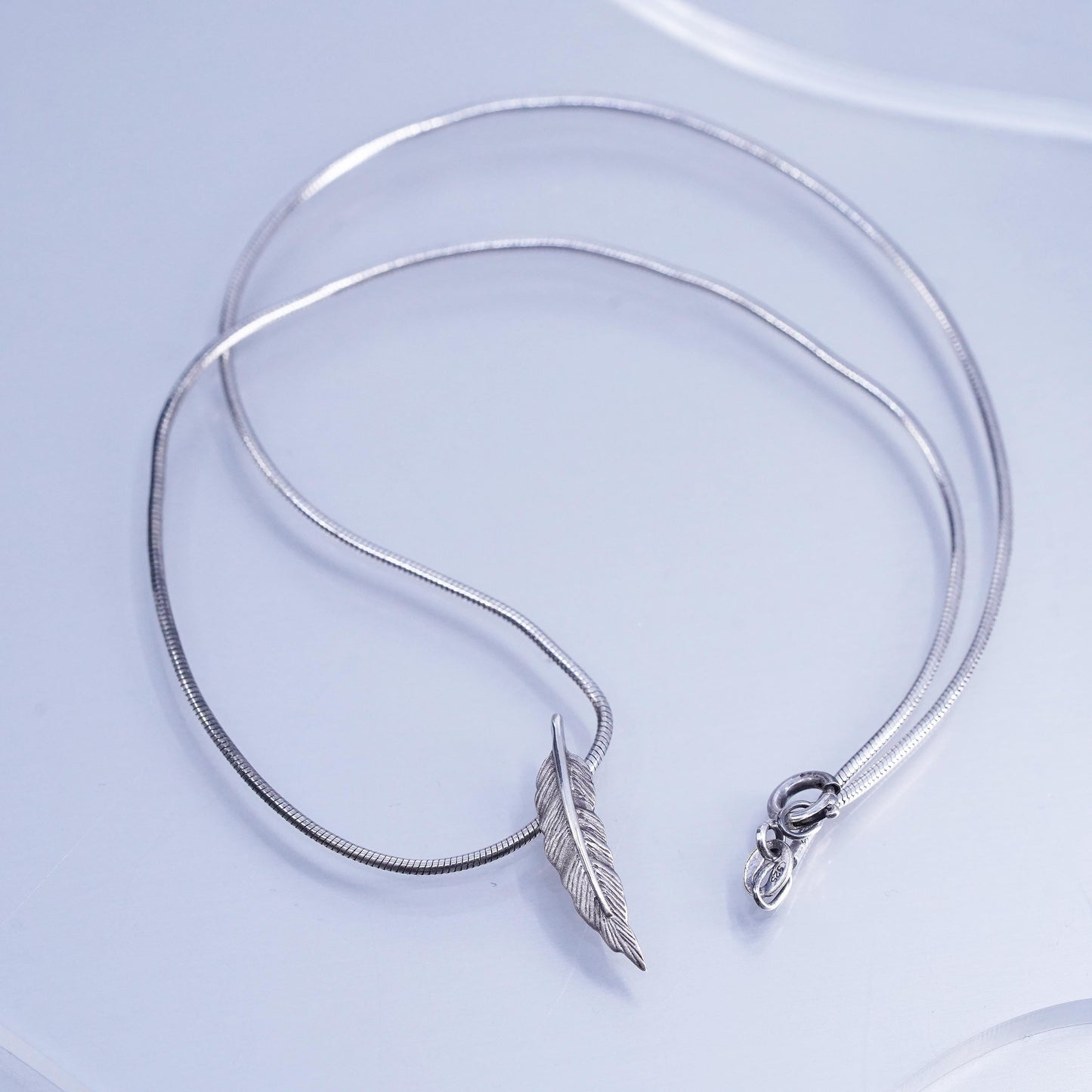 16”, vintage Sterling 925 silver handmade snake chain necklace feather pendant