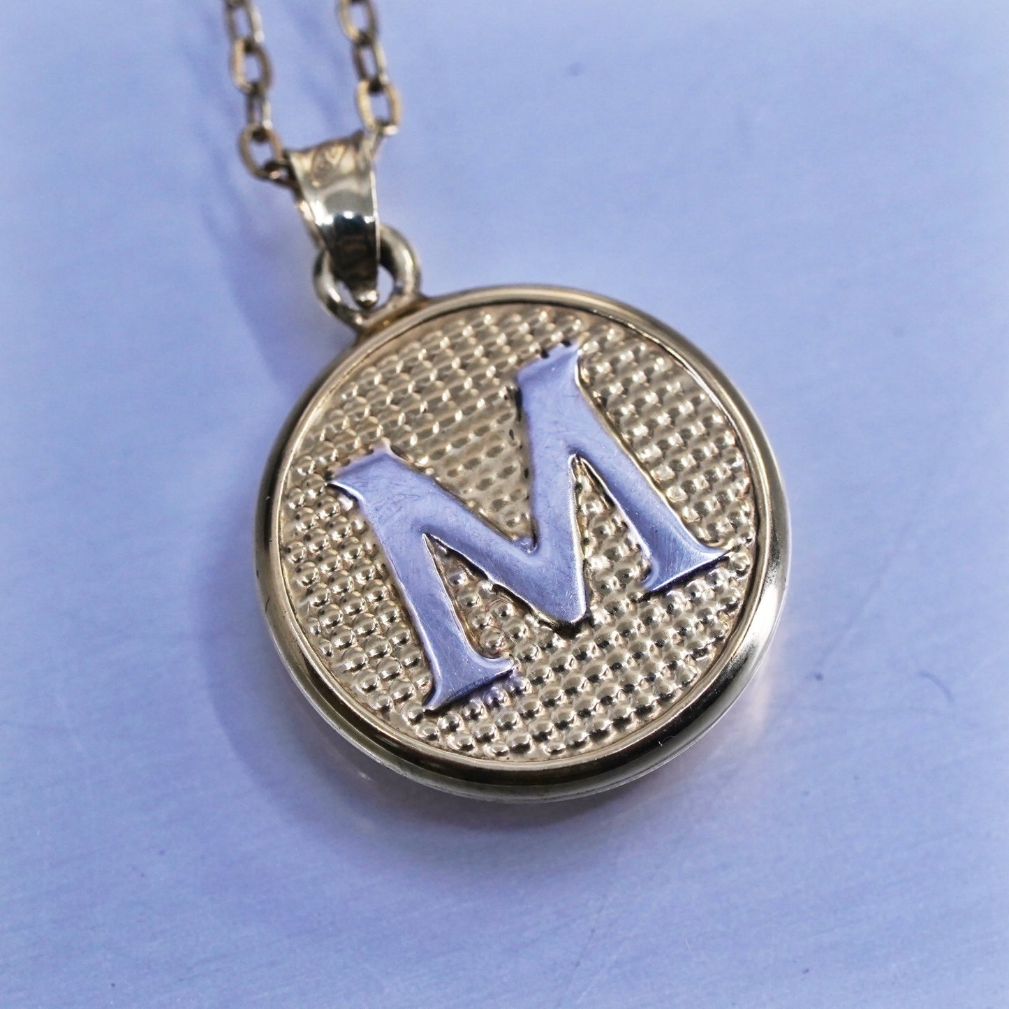 18”, vermeil gold over Sterling 925 silver circle necklace letter M pendant cz