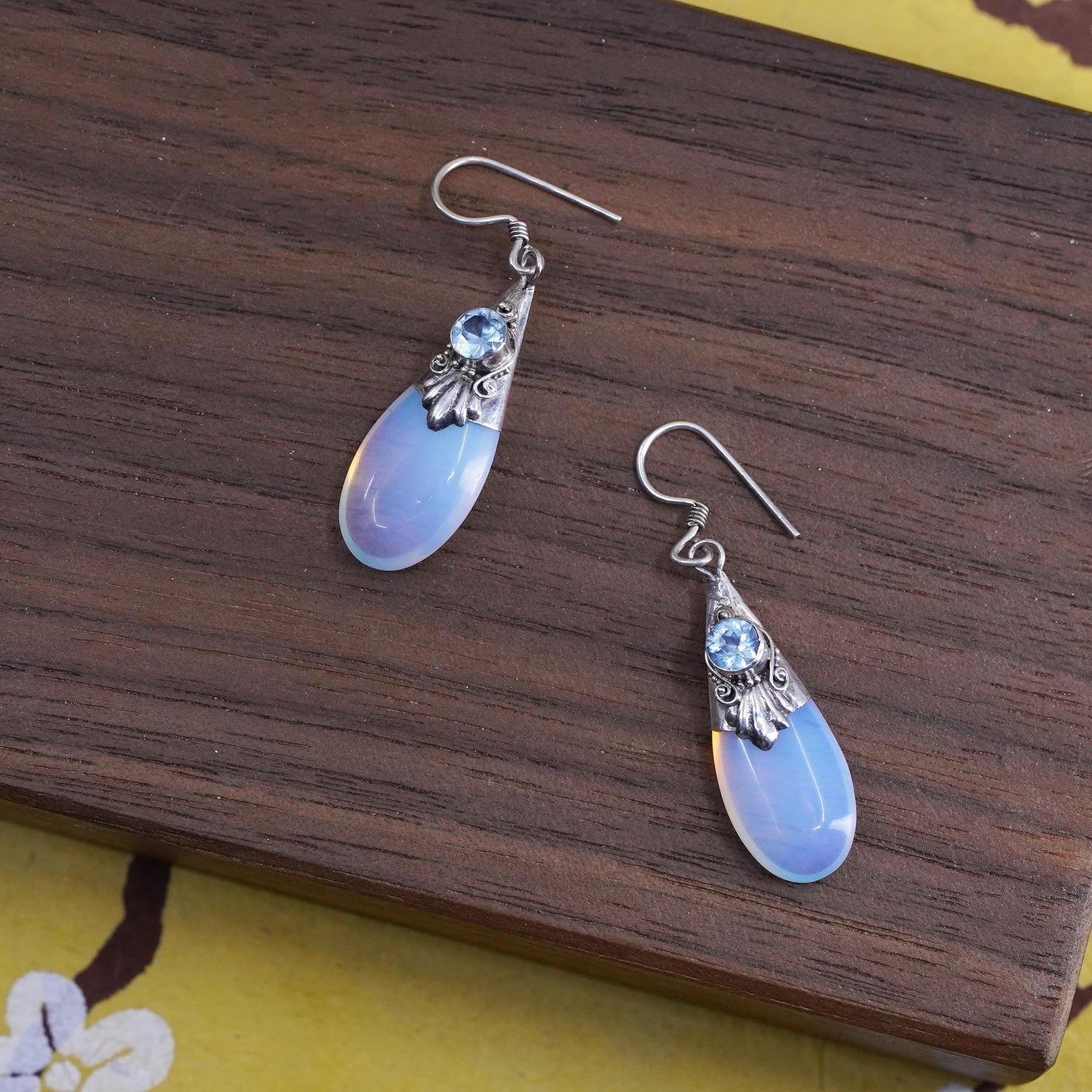 Vintage Sterling 925 silver handmade earrings with teardrop moonstone and topaz