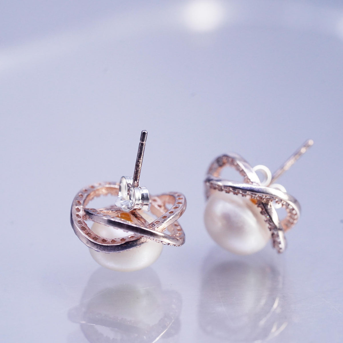 Vermeil Gold Sterling Silver 925 Earrings, Rose Gold Tone CZ Halo, Pearl Studs