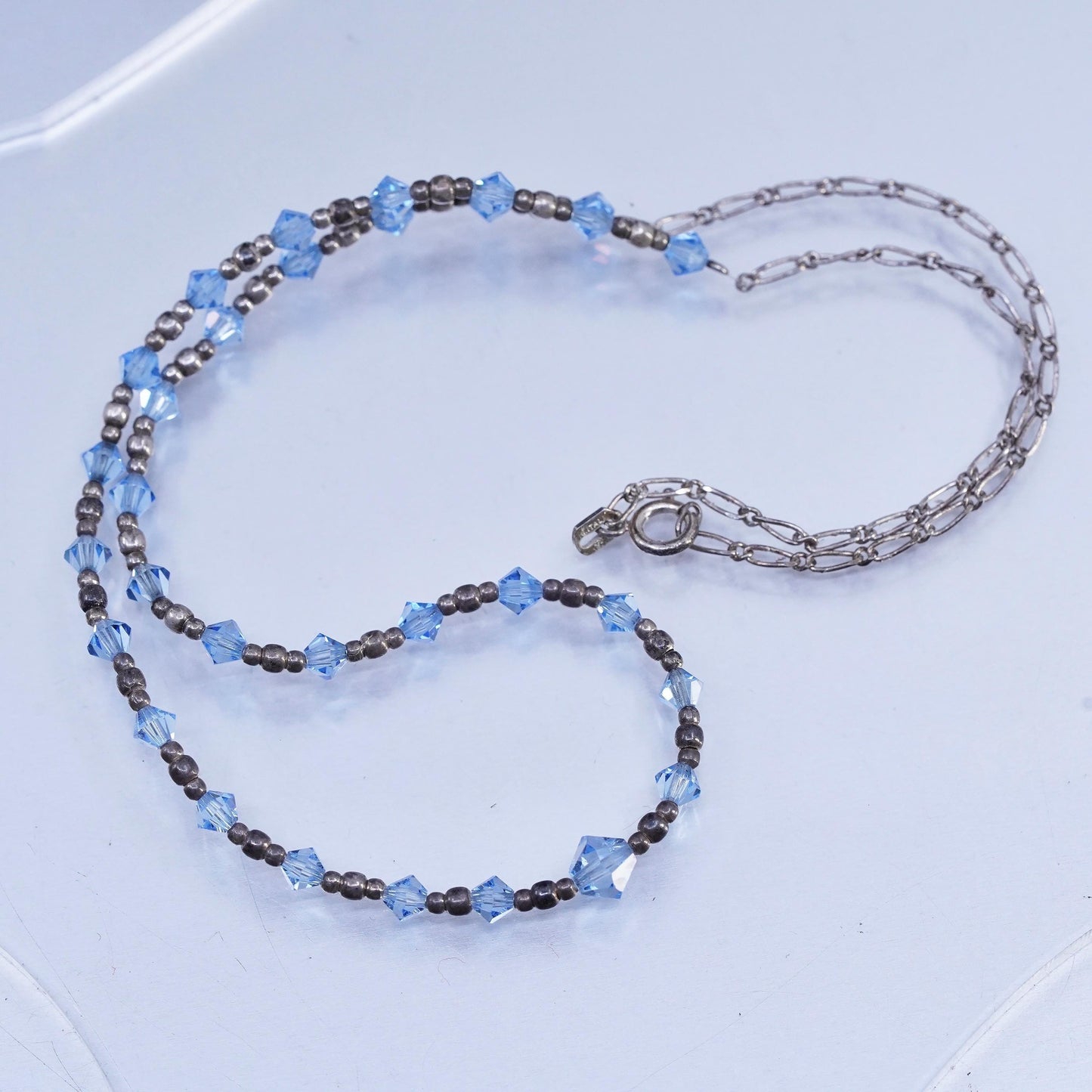 18", Vintage Sterling handmade necklace, 925 Silver beads W/ blue Crystal Beads