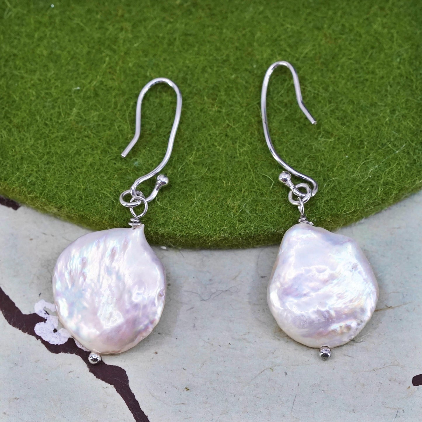 Vintage sterling silver handmade earrings, 925 dangles with coin pearl