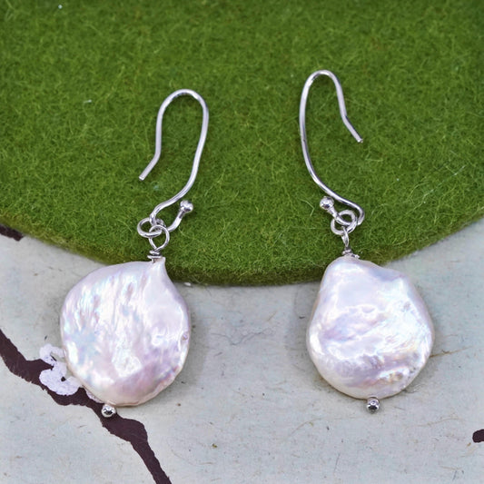Vintage sterling silver handmade earrings, 925 dangles with coin pearl