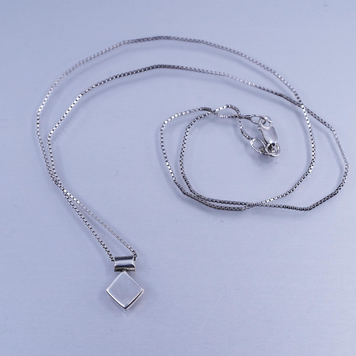 18” 1mm, Vintage Sterling silver necklace, box chain with 925 square pendant