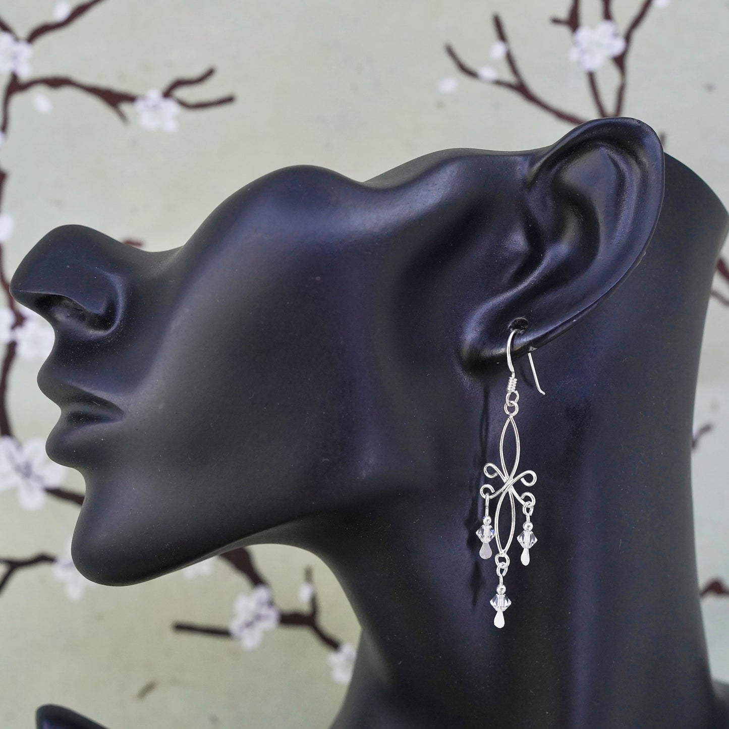 Vintage sterling silver handmade wired floral dangles and crystal, 925 earrings