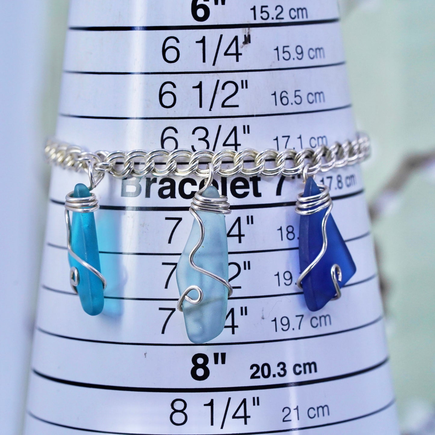 6.75”, Vintage sterling 925 silver double curb bracelet sea washed glass charms