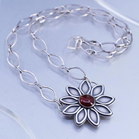 18", ALT matte Sterling 925 Silver flatten necklace garnet sunflower pendant
