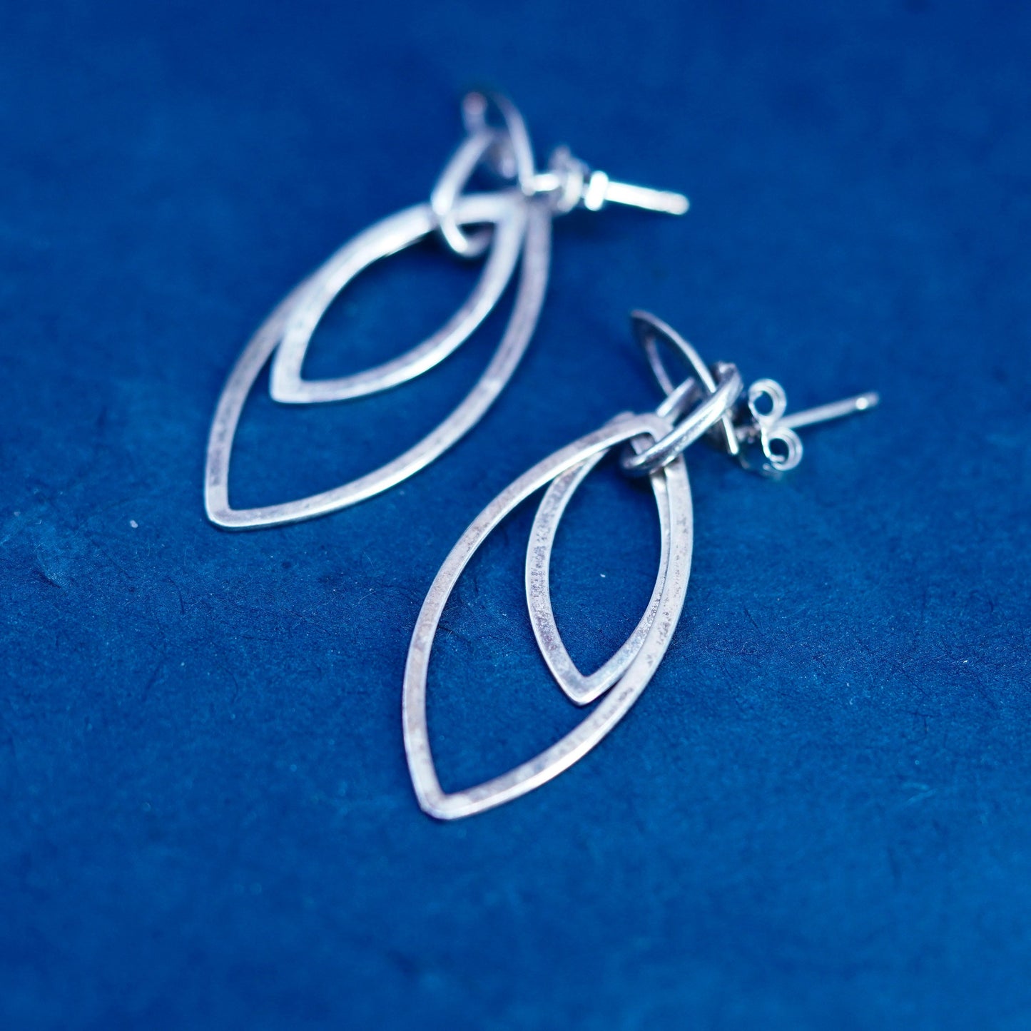 Vintage sterling silver handmade earrings, 925 hammered marquise shaped drops