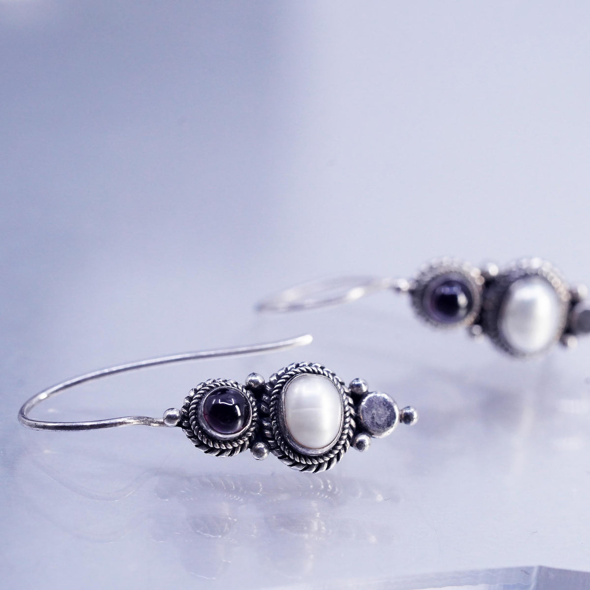 Vintage Sterling 925 silver handmade earrings with white pearl and garnet beads