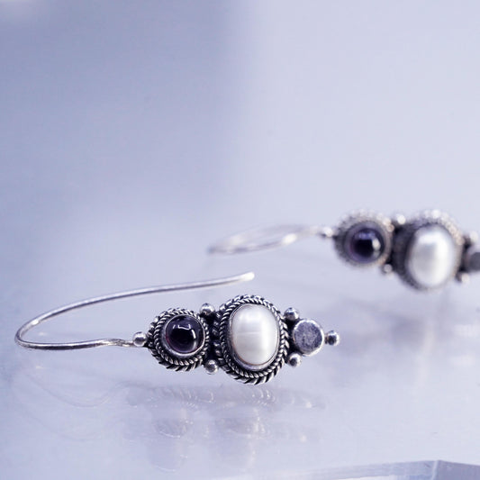 Vintage Sterling 925 silver handmade earrings with white pearl and garnet beads