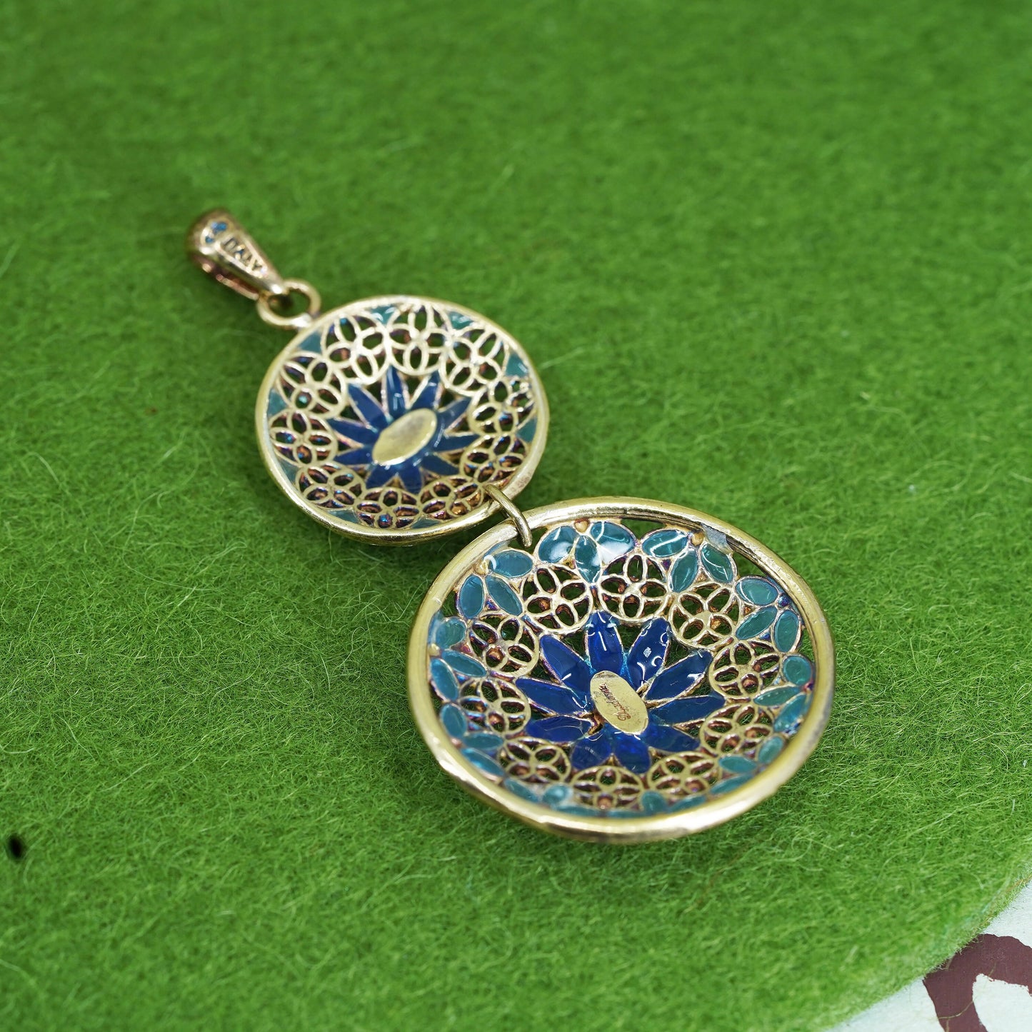 Italian Vermeil gold over Sterling silver pendant, 925 Filigree circle enamel