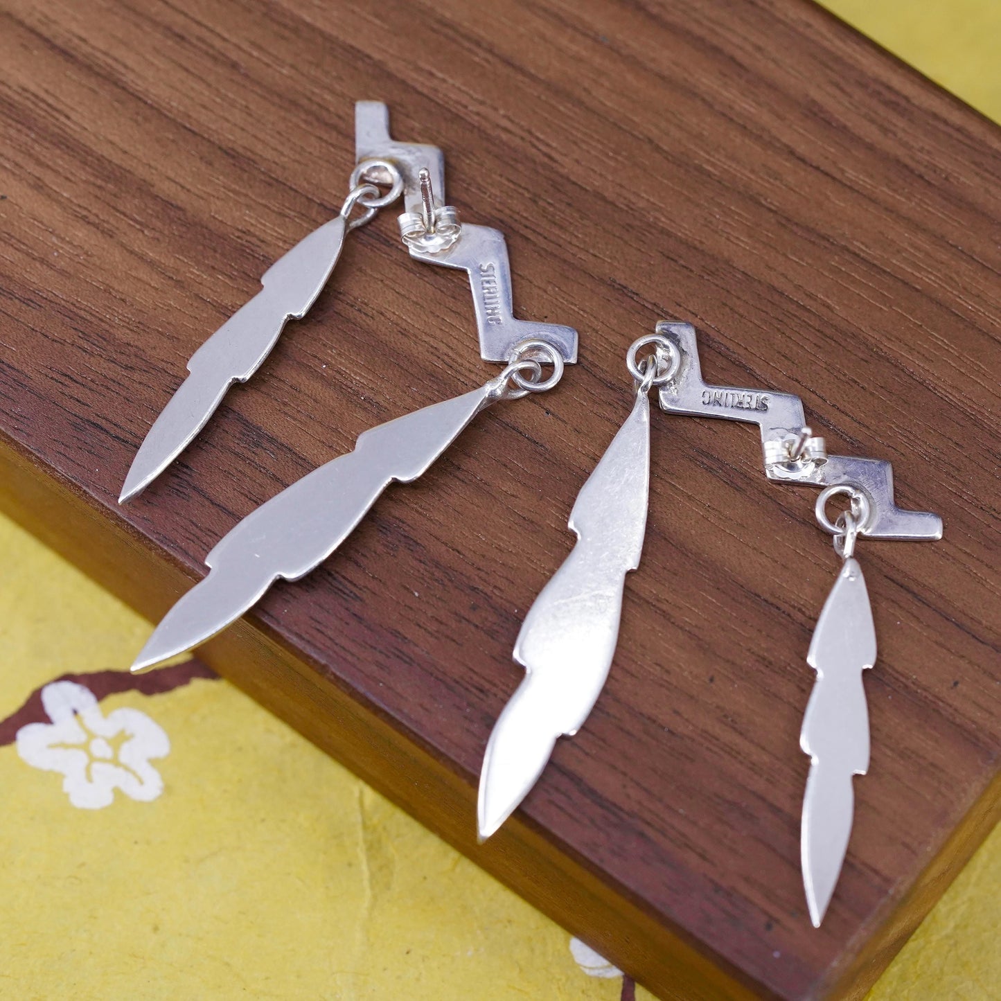 Vintage Sterling 925 silver handmade disc earrings with feather dangles