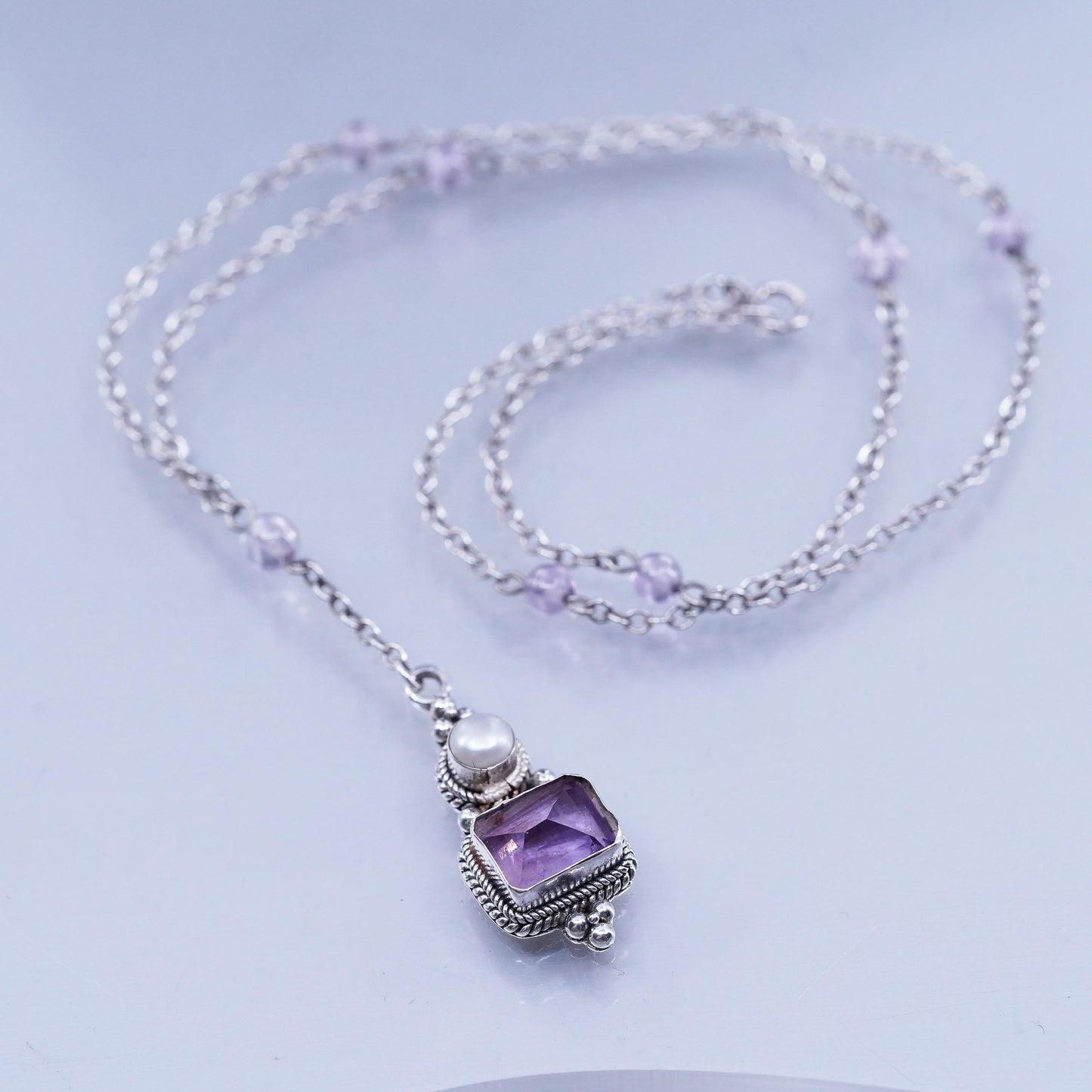 16”, vintage Sterling 925 silver circle chain necklace amethyst pearl pendant