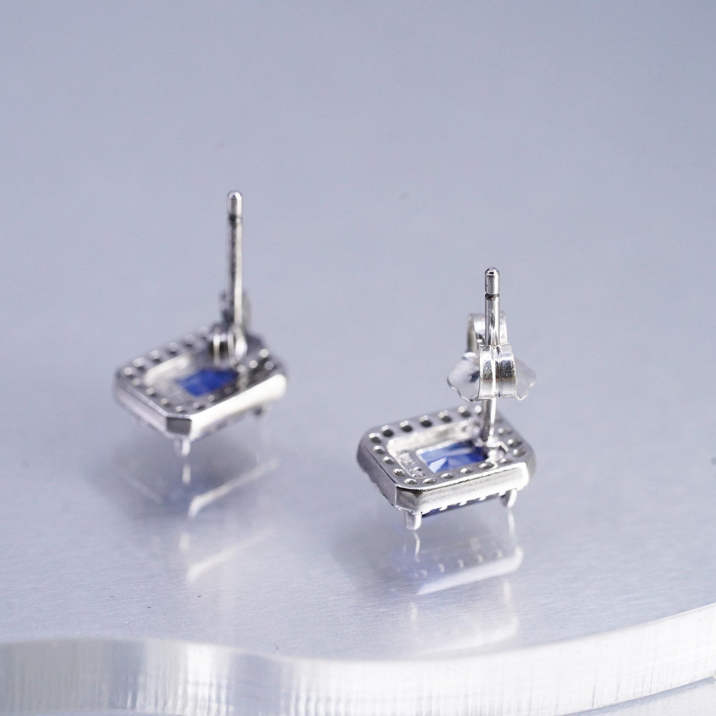 SUN Sterling 925 silver earrings, studs emerald cut sapphire cluster diamonds