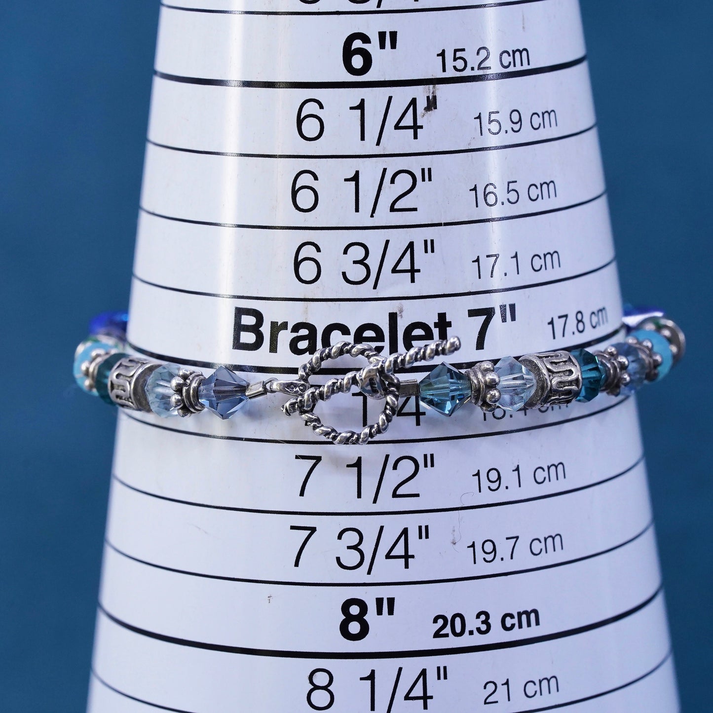 7", Vintage handmade sterling silver bracelet with green blue crystal