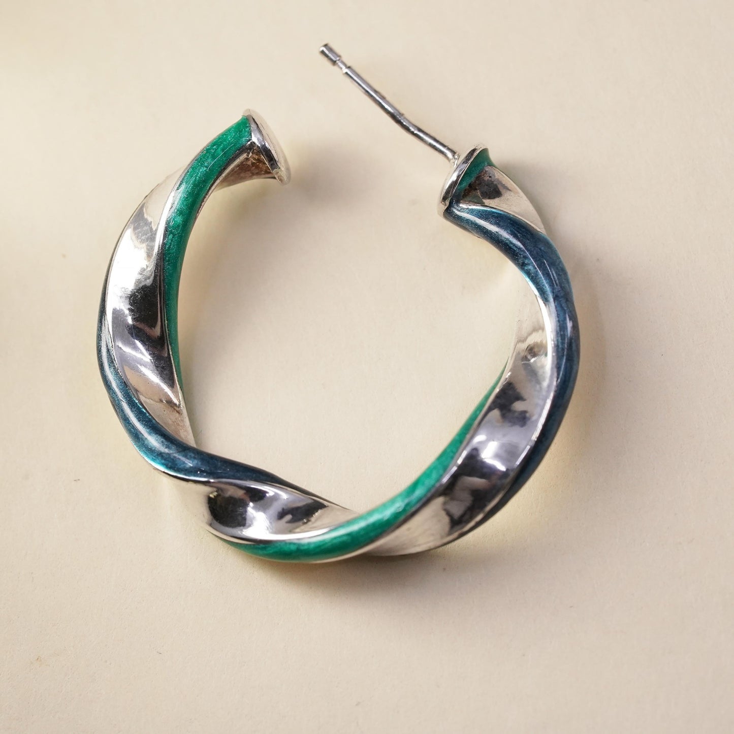 1.25", Vintage sterling silver loop single earring, twisted hoop green enamel