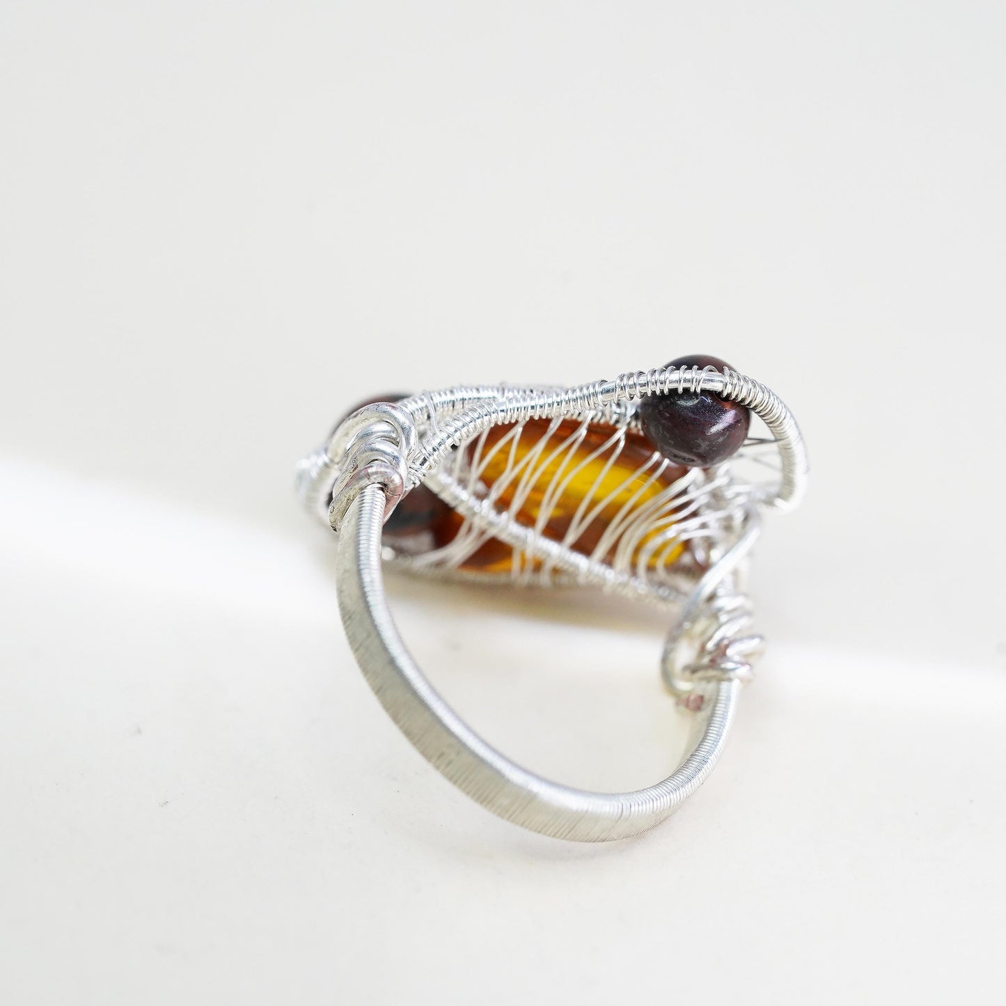Size 9.5, vintage sterling 925 silver handmade wired ring with amber beads