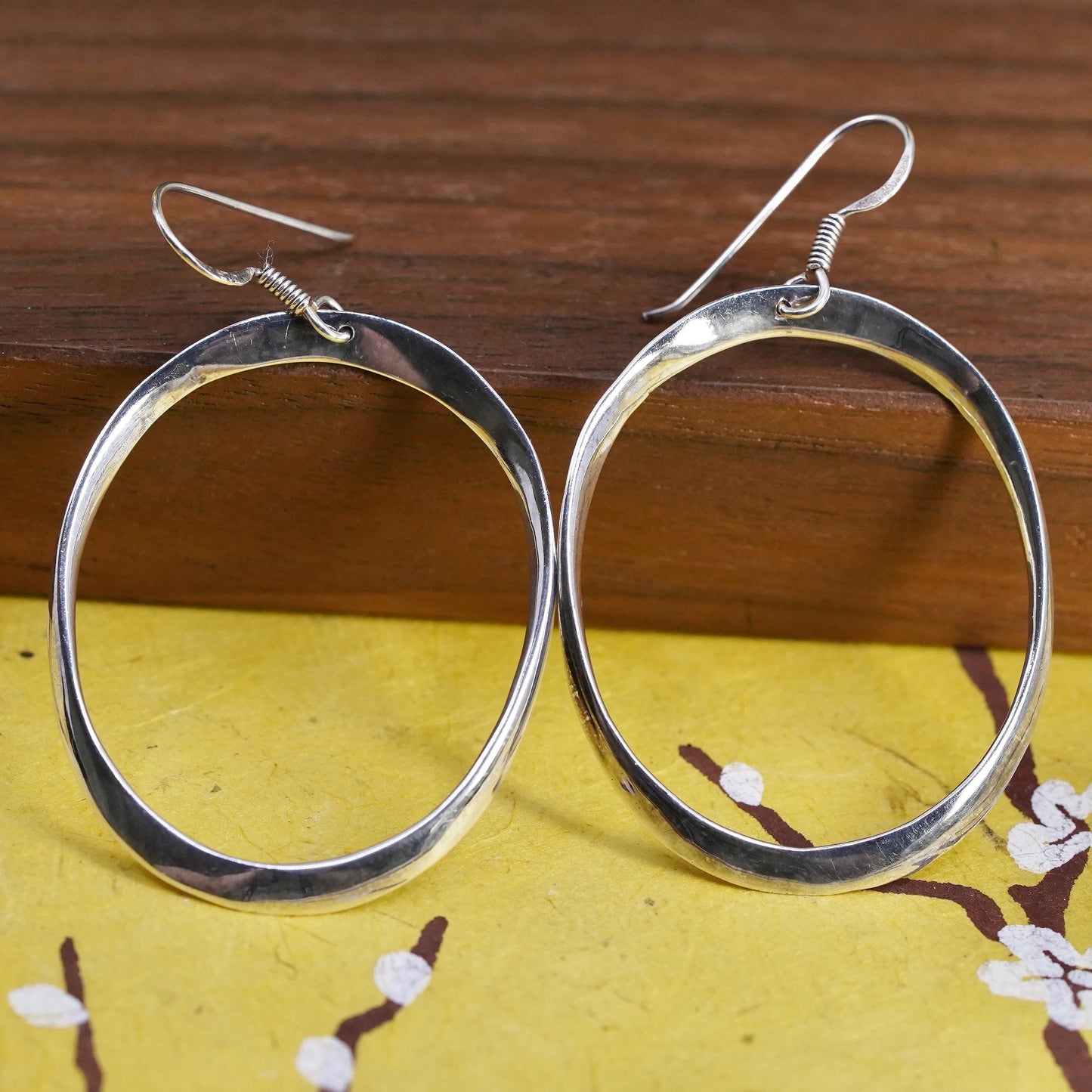 1.5", vintage Sterling silver handmade earrings, 925 oval twisted hoops