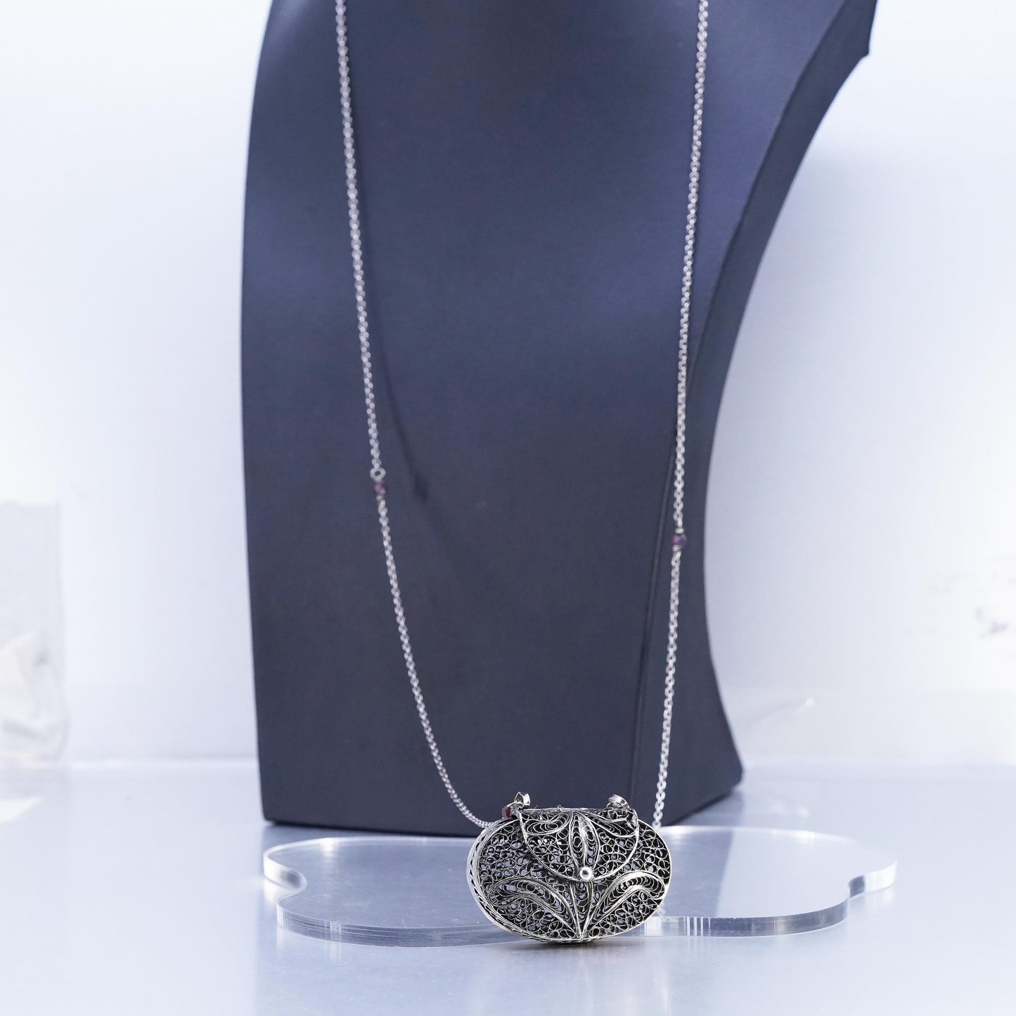 32", Sterling 925 silver necklace filigree purse bag pocket locket pendant
