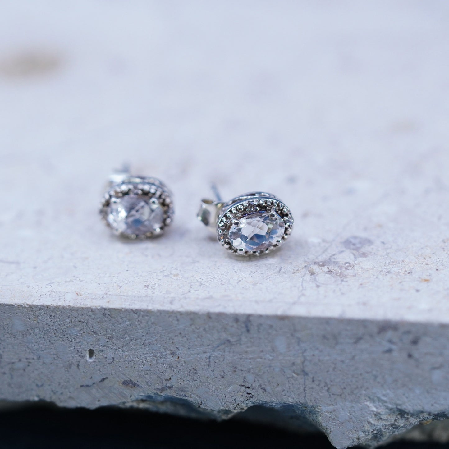 Vintage sterling silver handmade earrings, 925 studs with cluster CZ inlay
