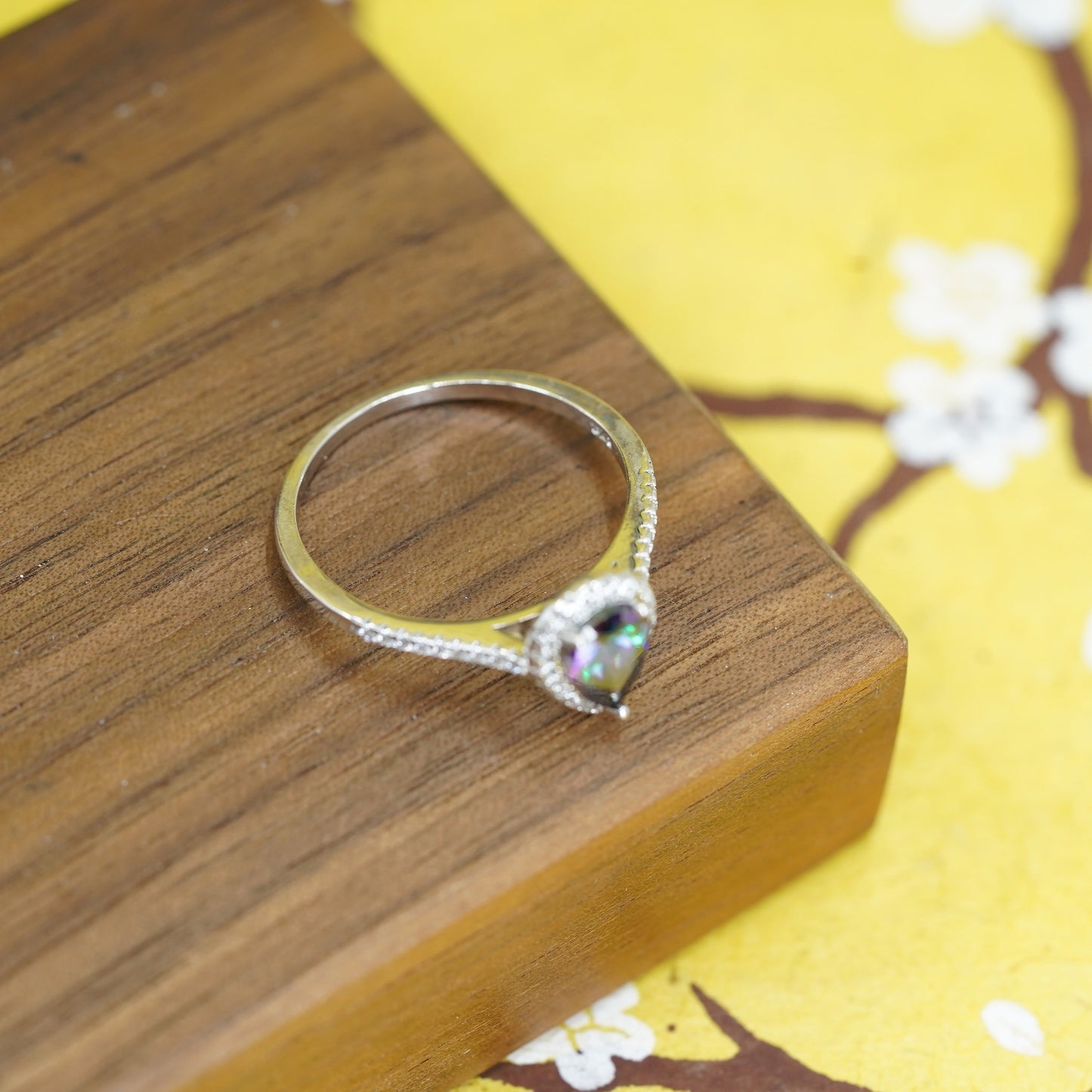 Size 10, vintage Sterling 925 silver ring with teardrop rainbow topaz and cz