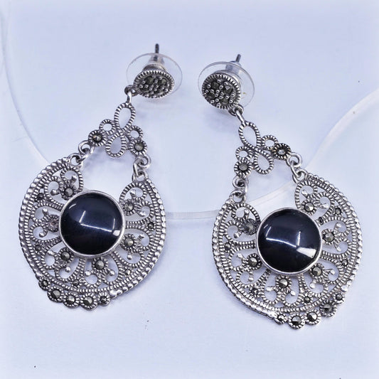 Vintage Sterling 925 silver handmade filigree earrings black onyx and marcasite