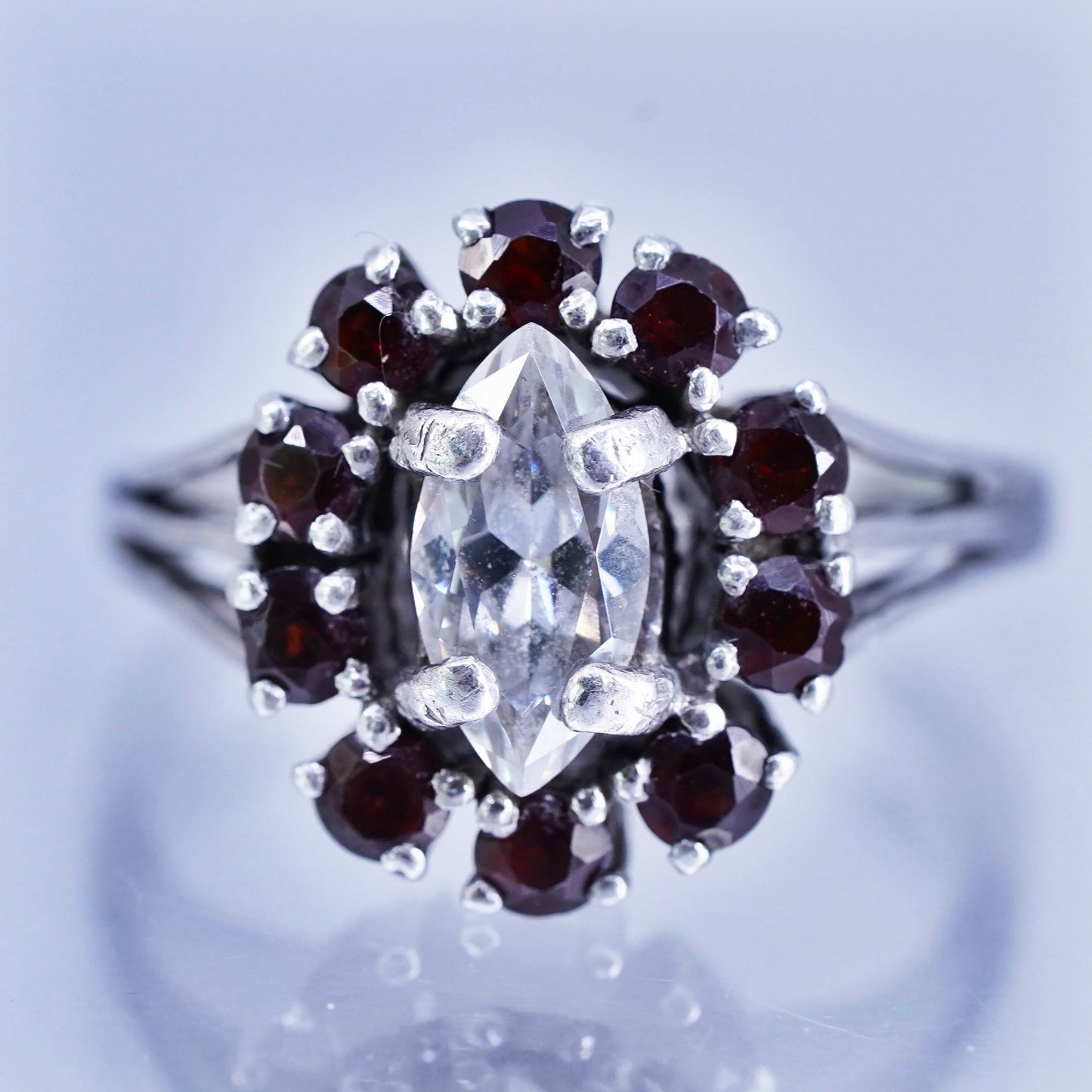 Size 8, vintage Sterling 925 silver engagement ring with ruby and cz