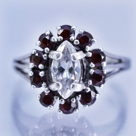 Size 8, vintage Sterling 925 silver engagement ring with ruby and cz
