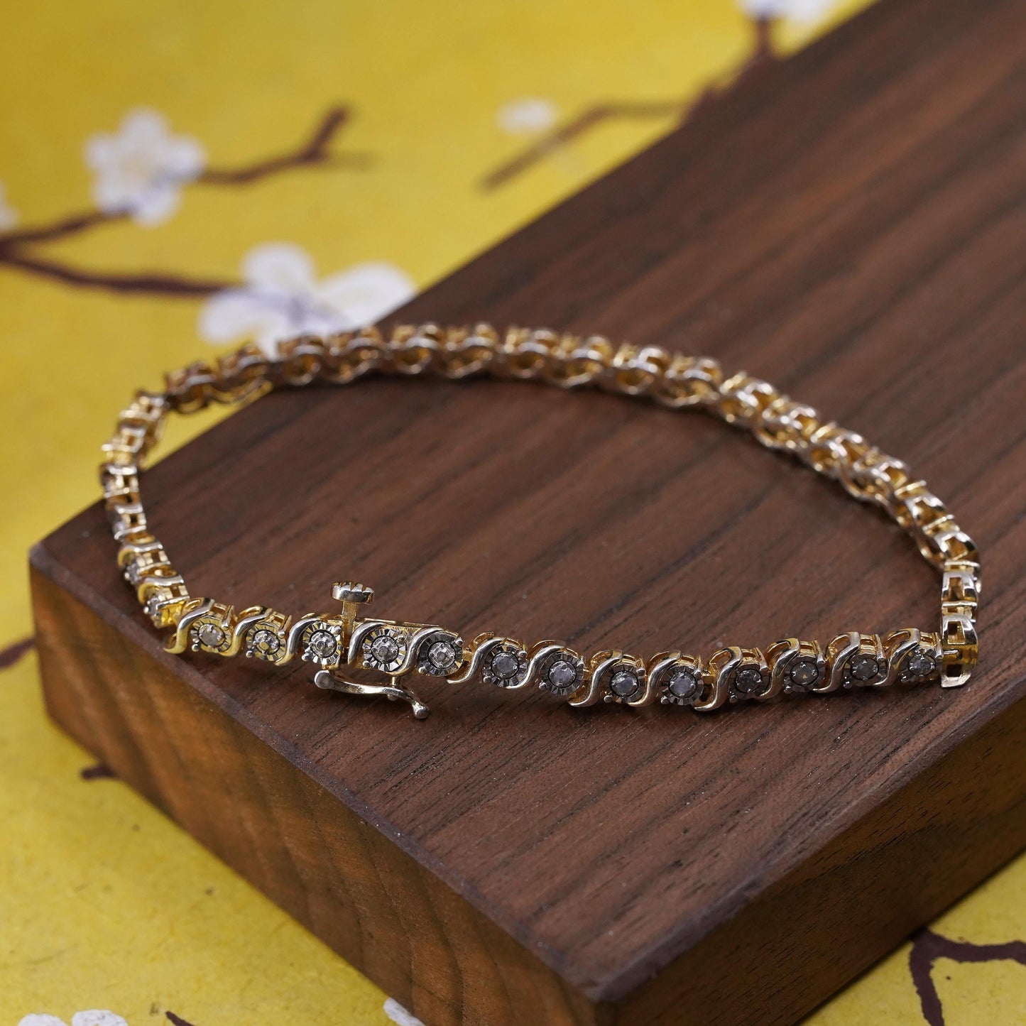 7", vermeil yellow gold Sterling silver tennis bracelet, 925 genuine diamond