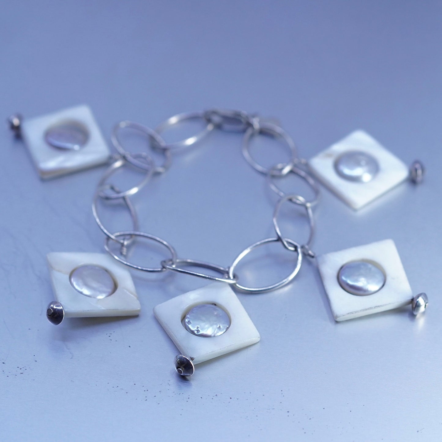 6.5”, Sterling 925 silver handmade bracelet, oval link chain coin pearl charms