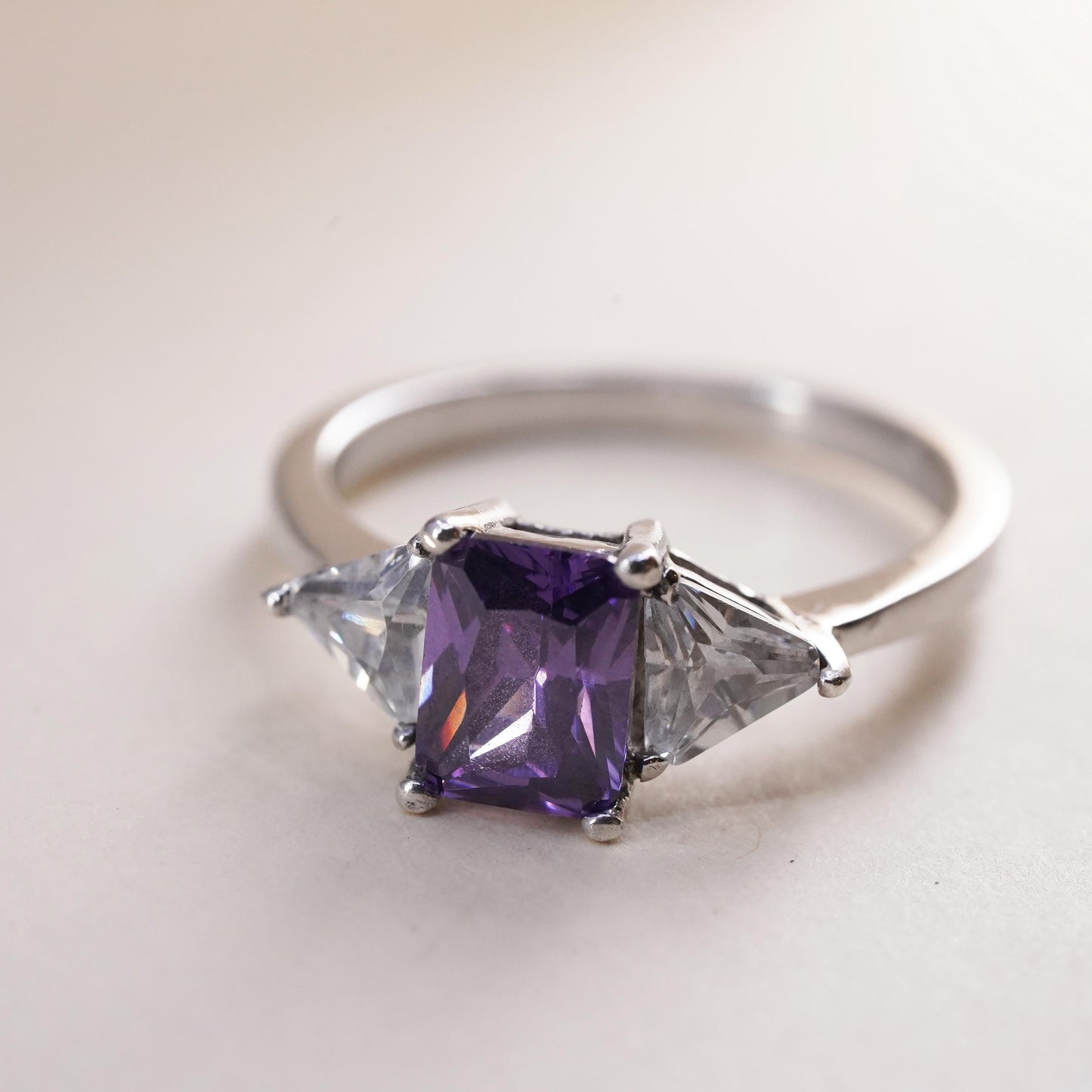 Size 8.5, Vintage sterling 925 silver handmade ring with amethyst and cz