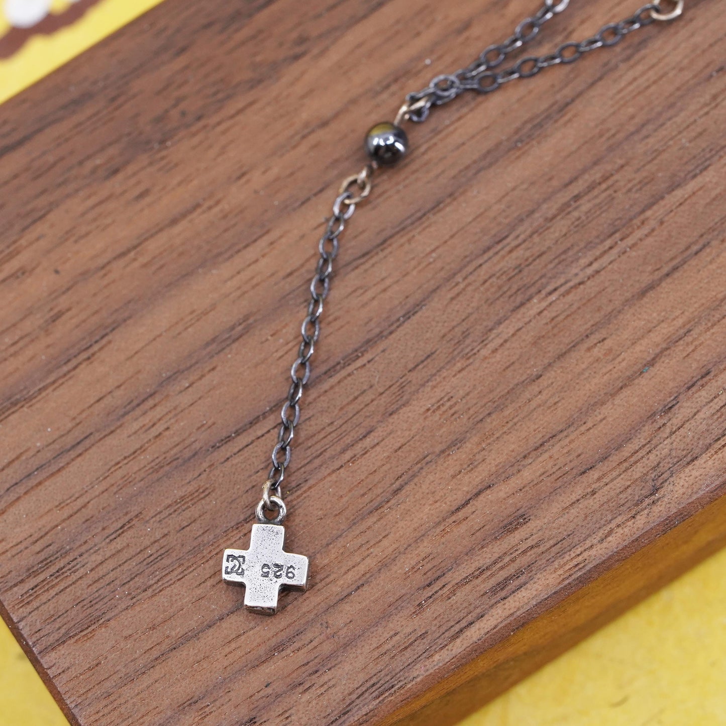 16”, Sterling 925 silver handmade circle silver chain with hematite beads cross