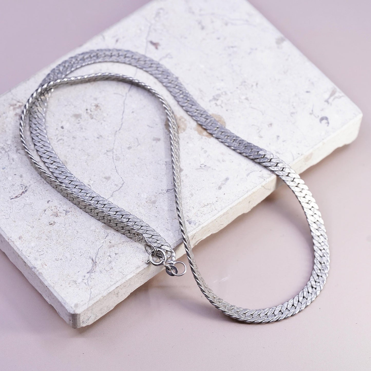24", vintage Sterling silver handmade necklace, flatten textured 925 curb chain