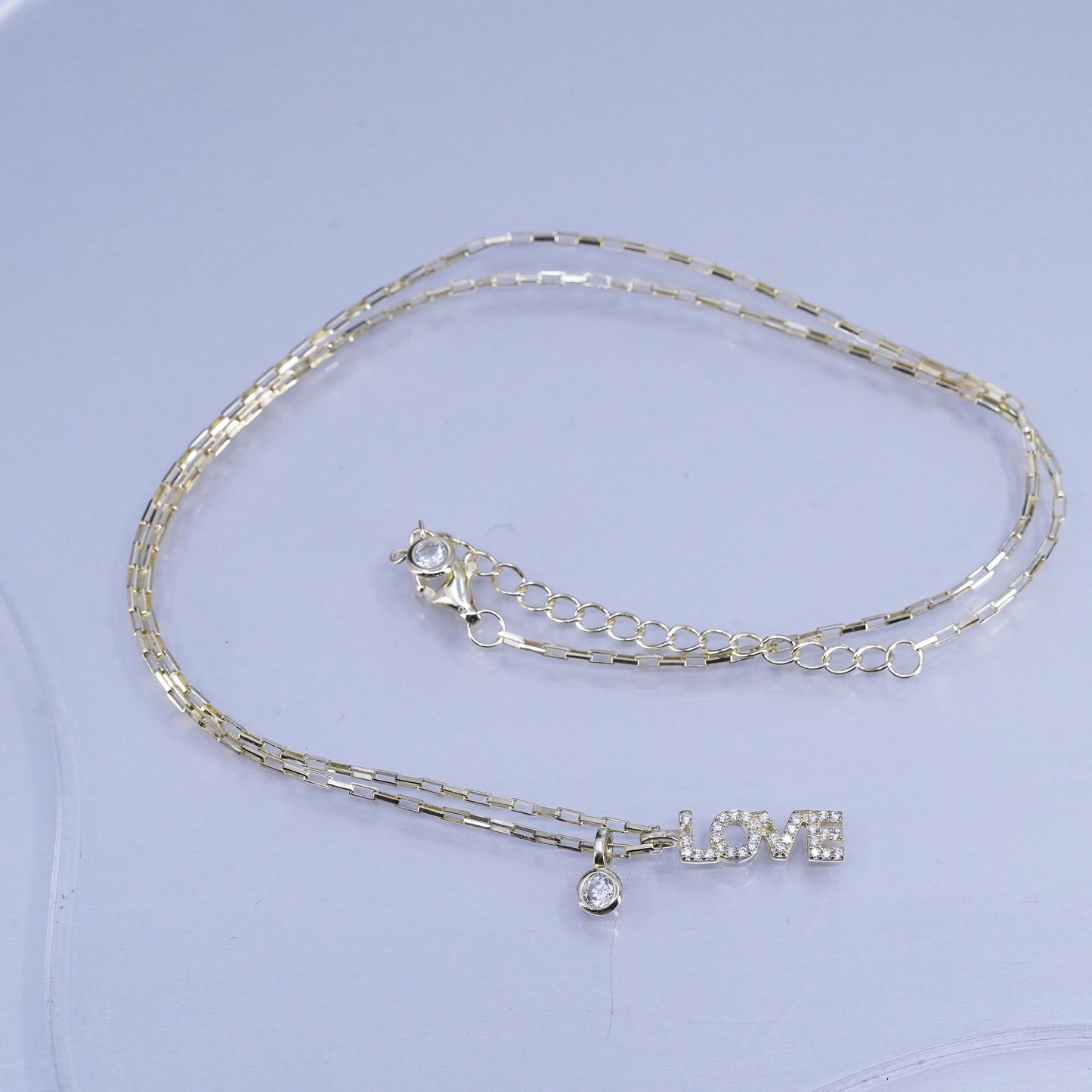16+2”, Sterling 925 silver elongated chain necklace with gold Love pendant Cz