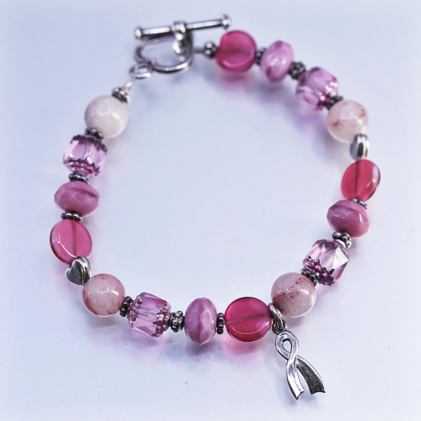 6.5", Sterling 925 Silver Bracelet pink Agate cure breast cancer ribbon charm