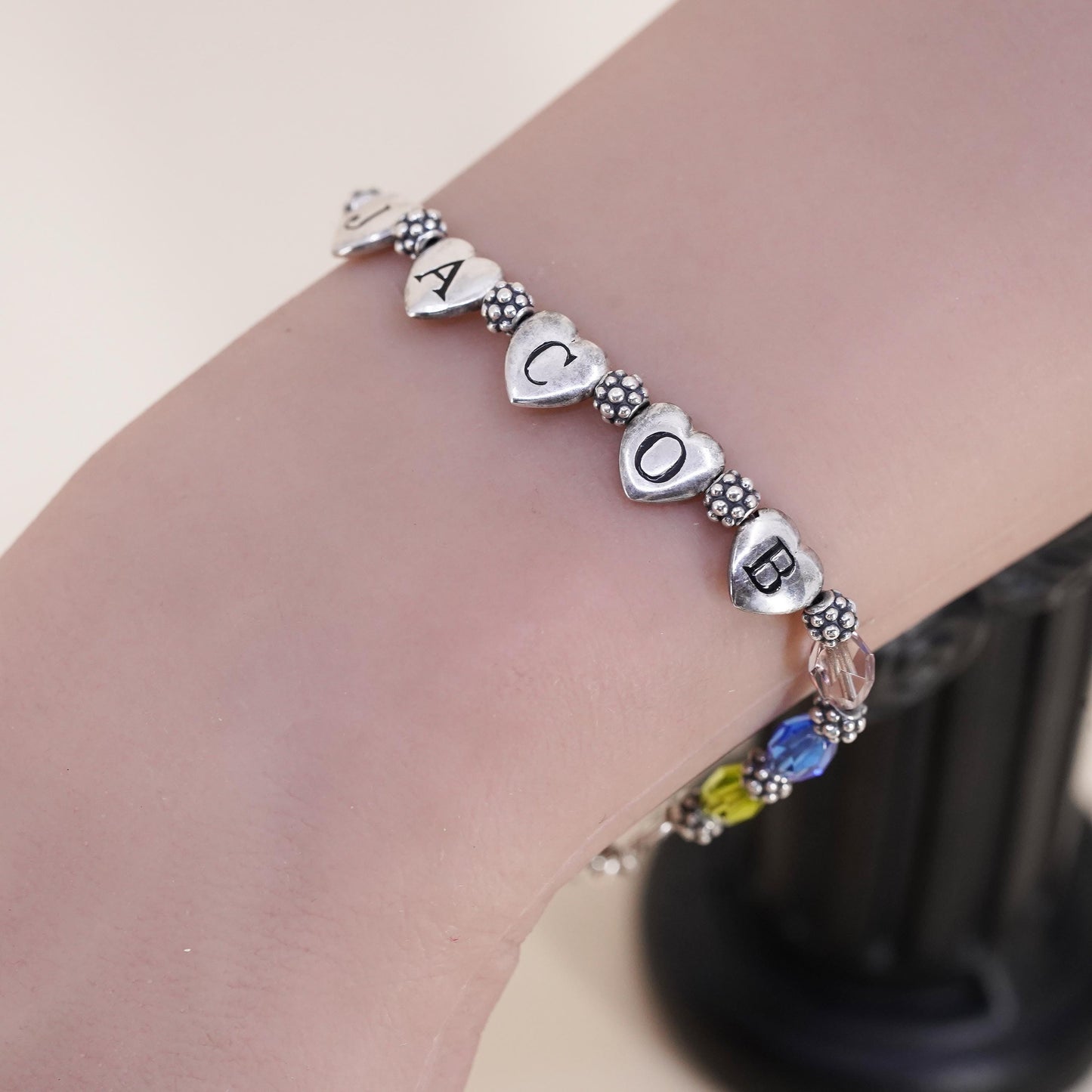 7+1”, Lenox USA Sterling silver bracelet, 925 name Jacob heart charm crystal