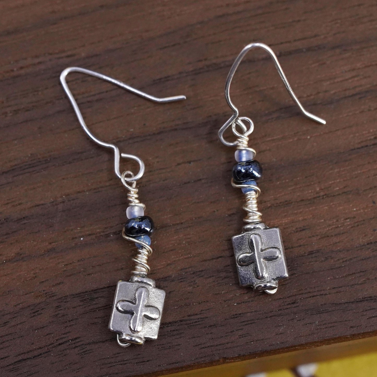 Vintage Sterling silver handmade earrings, 925 wired dangles with cross dangles