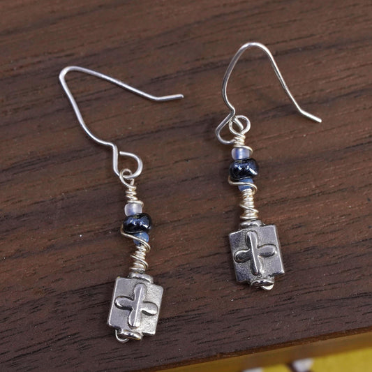Vintage Sterling silver handmade earrings, 925 wired dangles with cross dangles