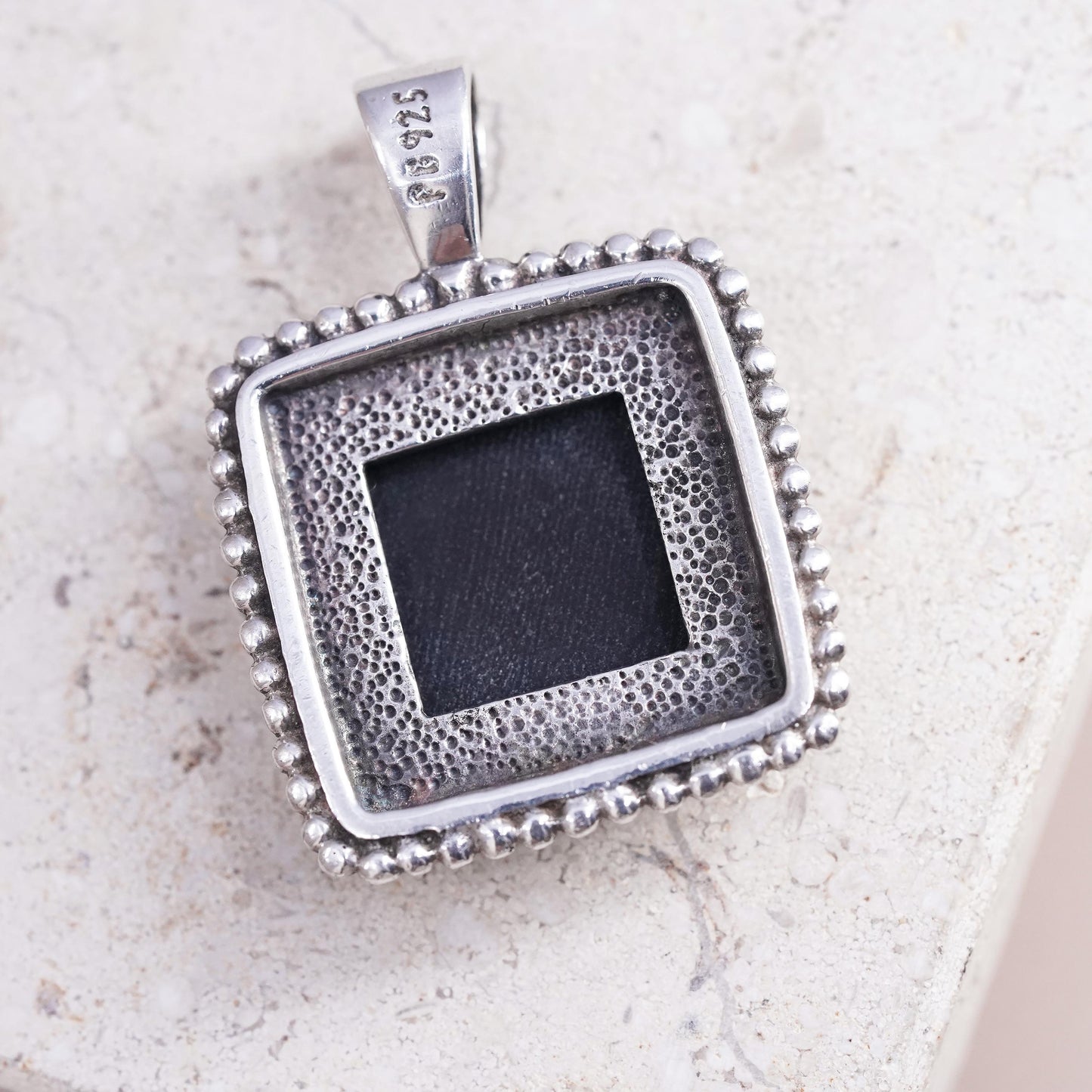 Vintage Peyote Bird Sterling 925 silver handmade square pendant black onyx bead