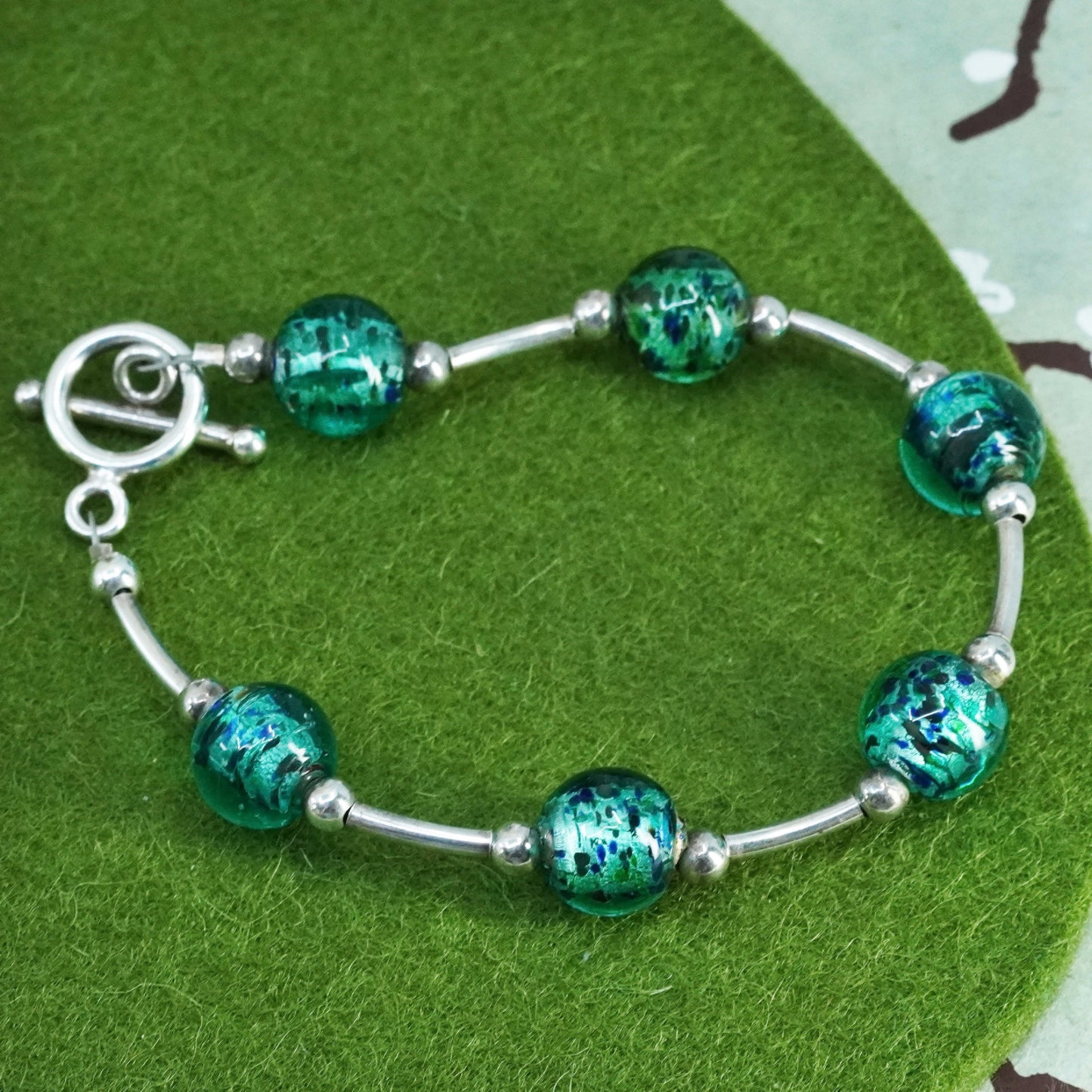6”, vintage 925 Sterling silver handmade bracelet w/ artisan green glass beads