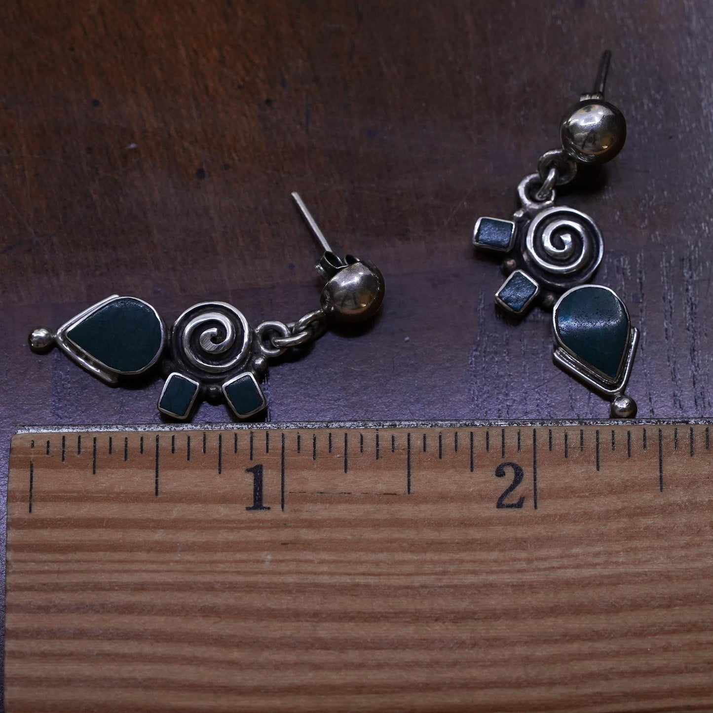 Peruvian Sterling silver spiral earrings, Inca chakra 950 teardrop dangles