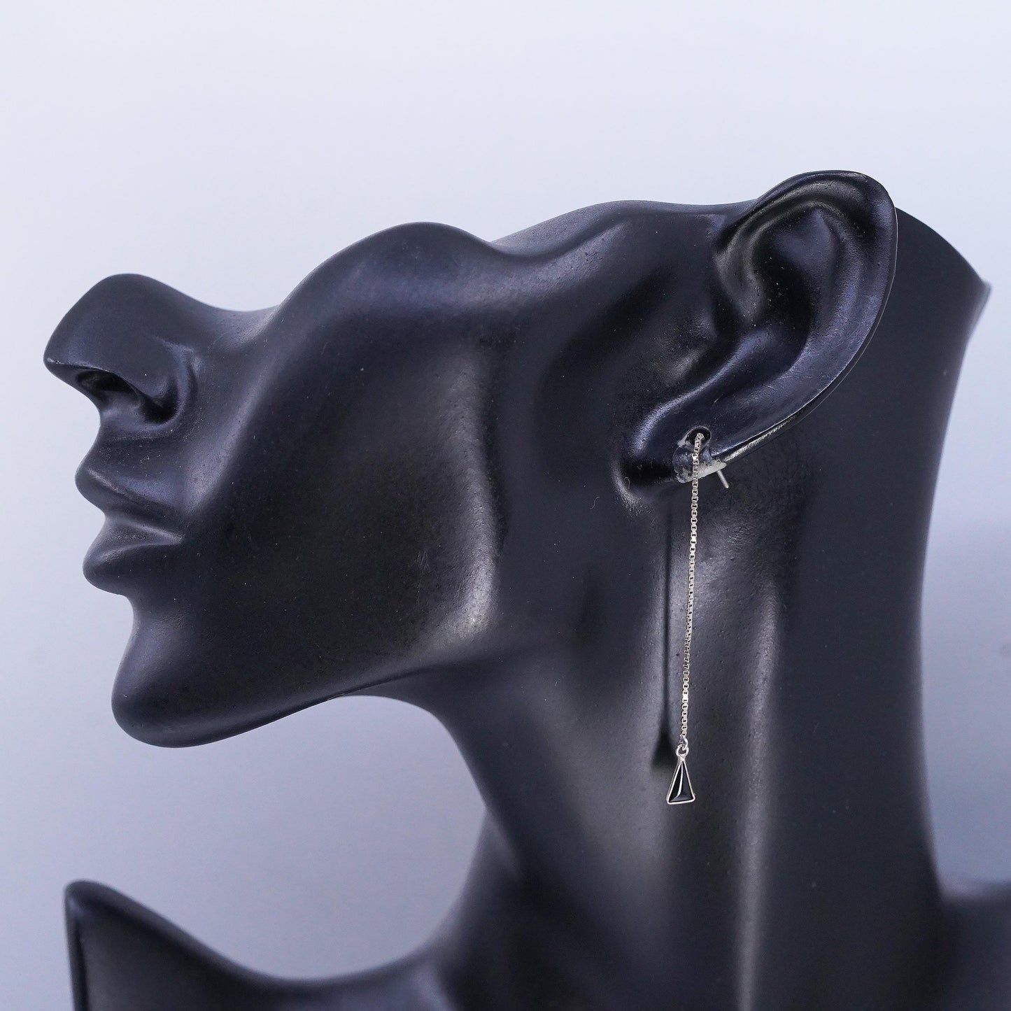 Vintage Sterling 925 silver handmade box chain earrings triangular onyx dangles