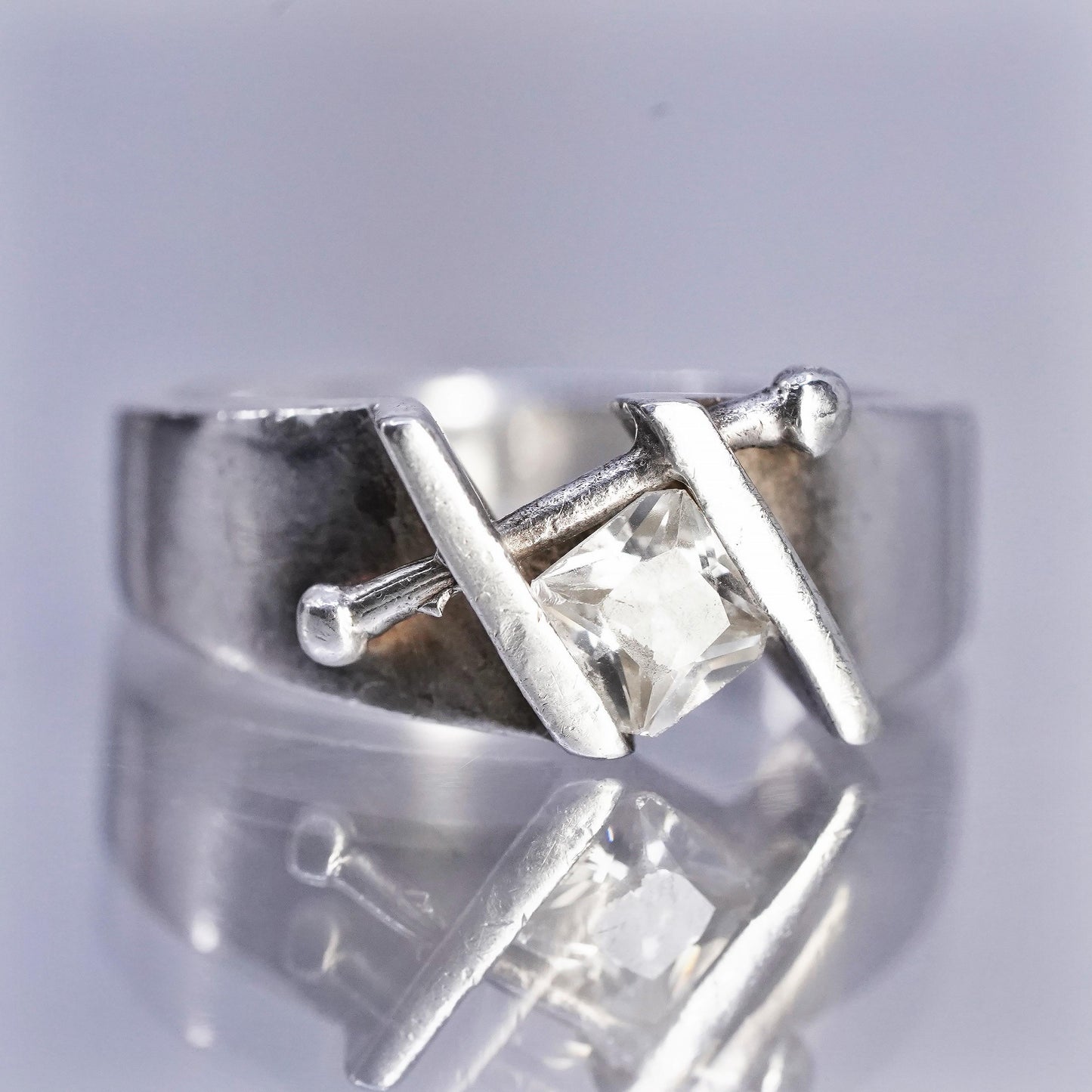 Size 7.25, vintage Sterling 925 silver handmade statement ring with square Cz