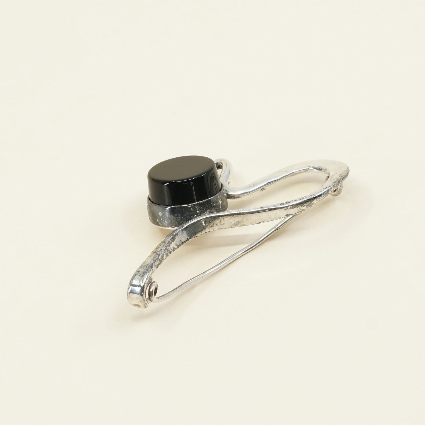 Vintage Sterling silver handmade brooch, Mexico 925 silver with round shaped obsidian, silver tested