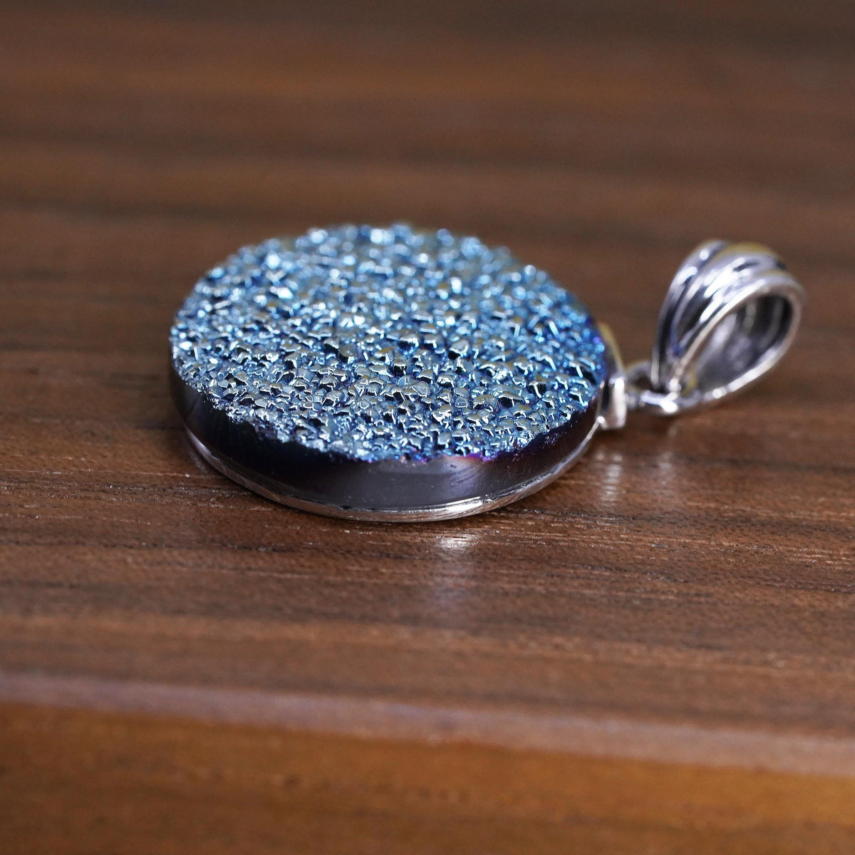Vintage Sterling silver handmade pendant, 925 circle with blue druzy stone