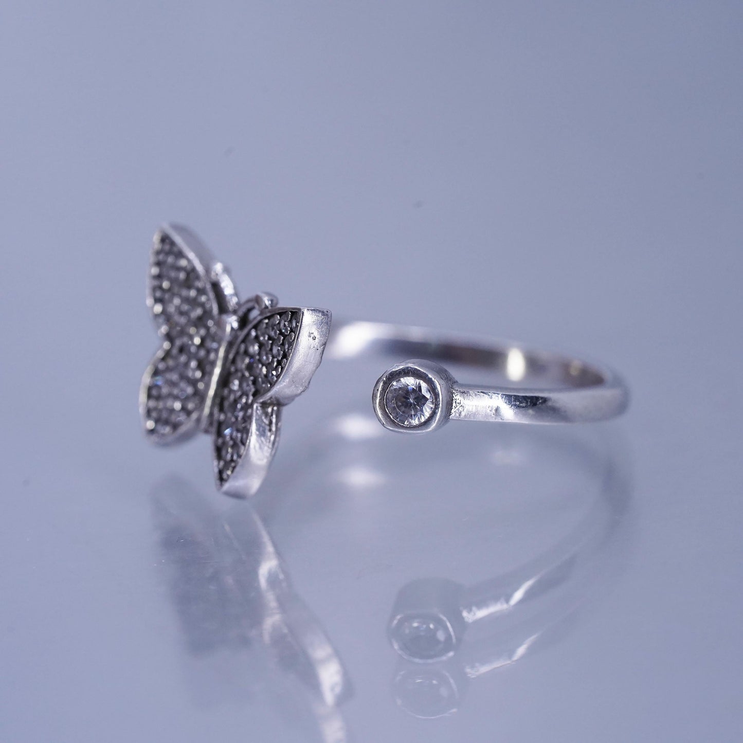 Size 9, vintage Sterling 925 silver adjustable ring, cluster Cz butterfly