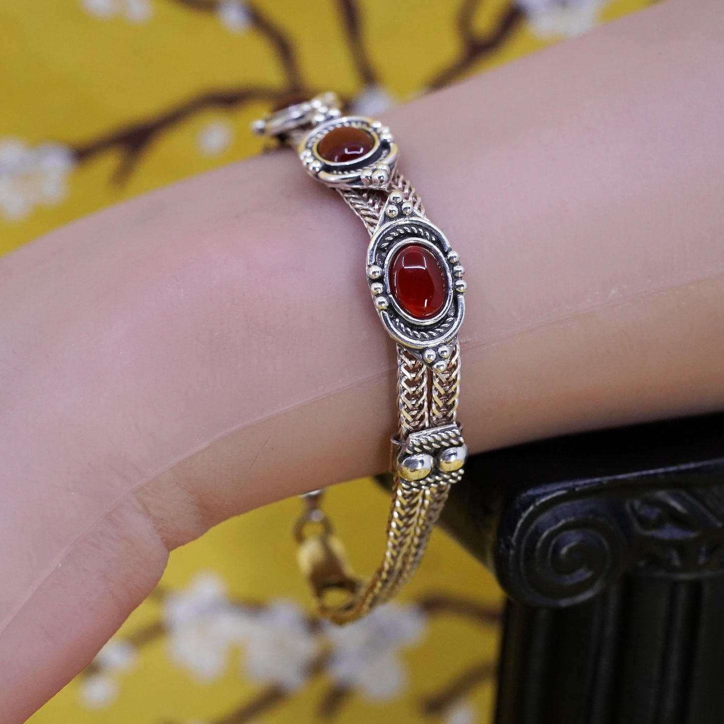 7”, VTG sterling silver bracelet, multi strands 925 wheat chain oval carnelian