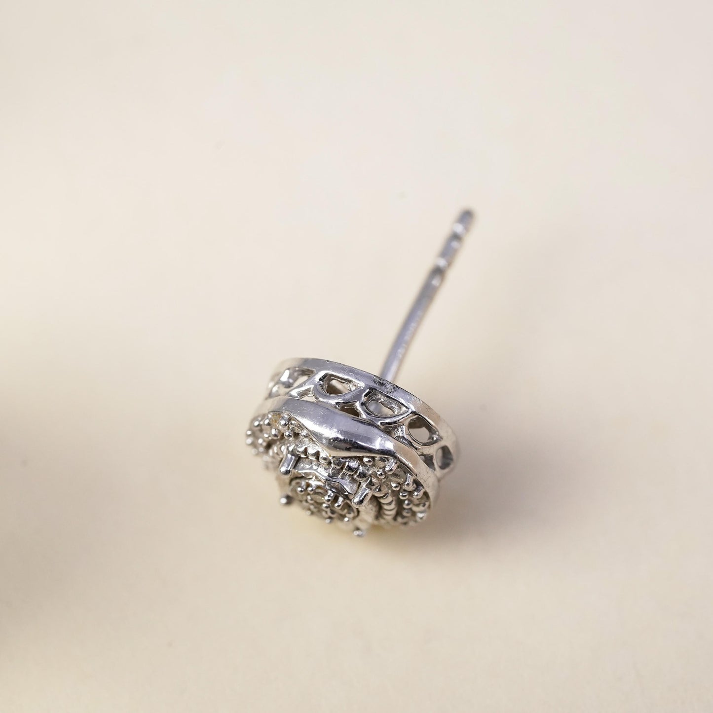 Vintage handmade single earring. Sterling 925 silver stud with cluster diamonds