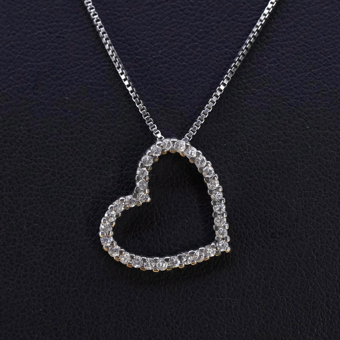 18", Sterling silver necklace, Italy 925 box chain cluster cz heart pendant